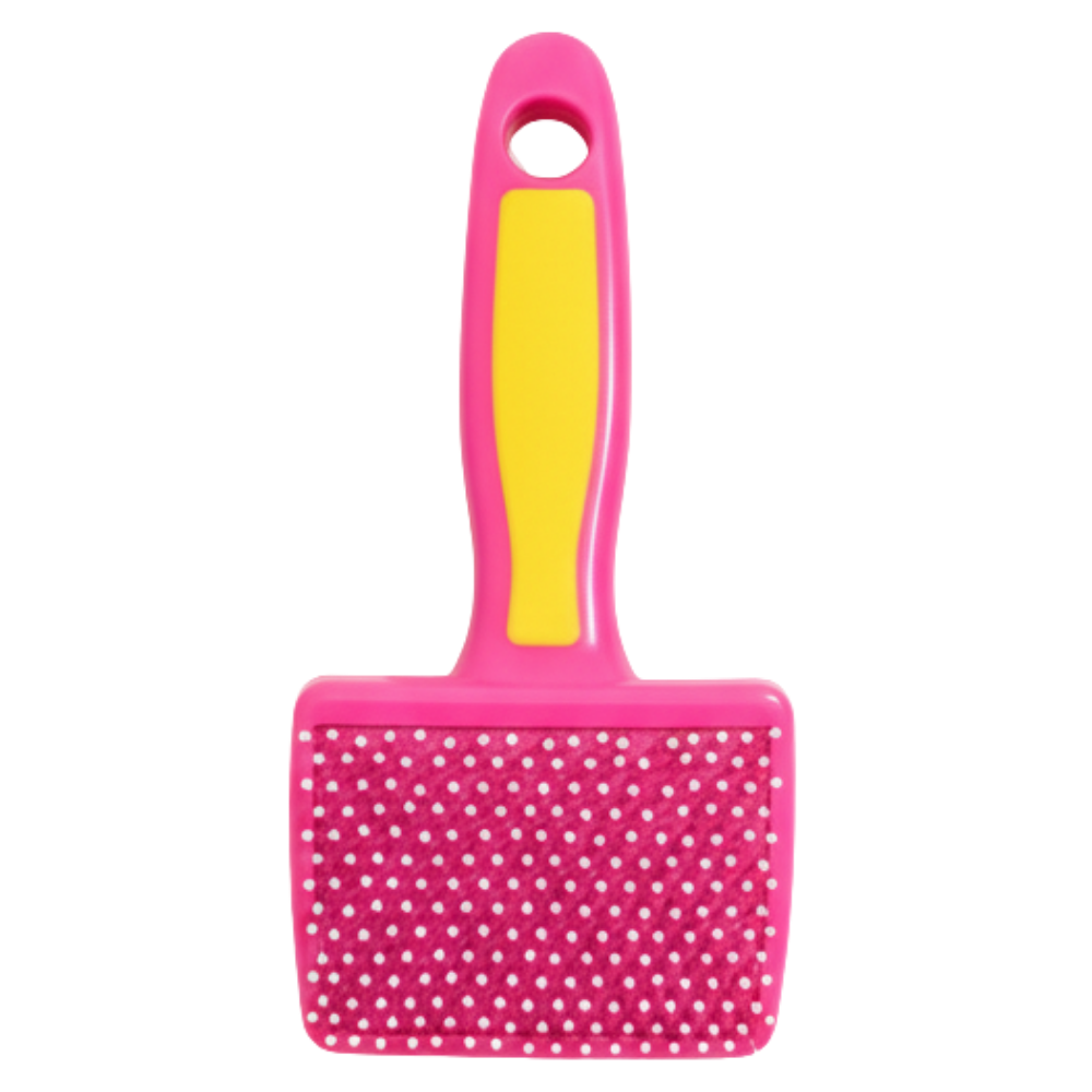 Pink pet grooming brush with a yellow handle on a white background