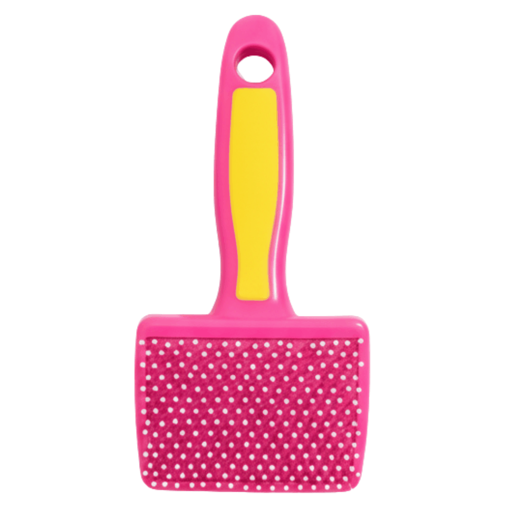 Pink pet grooming brush with a yellow handle on a white background