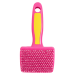 Pink pet grooming brush with a yellow handle on a white background