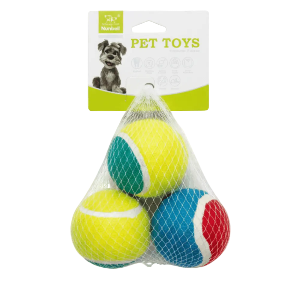 Three colorful tennis balls in a mesh bag with a Nylabone packaging label.