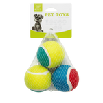 Three colorful tennis balls in a mesh bag with a Nylabone packaging label.