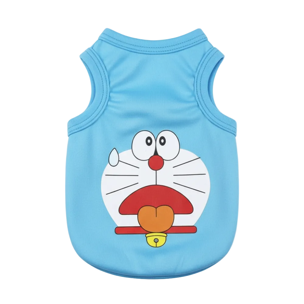 Blue sleeveless shirt with a cartoon character on a white background