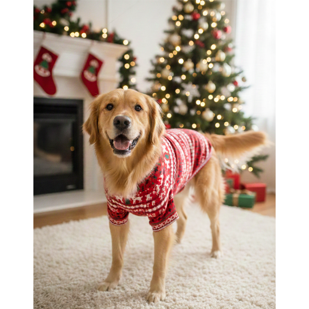 Dog wearing a red sweater in a festive living room with Christmas tree and stockings.