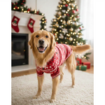 Dog wearing a red sweater in a festive living room with Christmas tree and stockings.