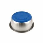 Stainless steel bowl with a blue lid on a white background