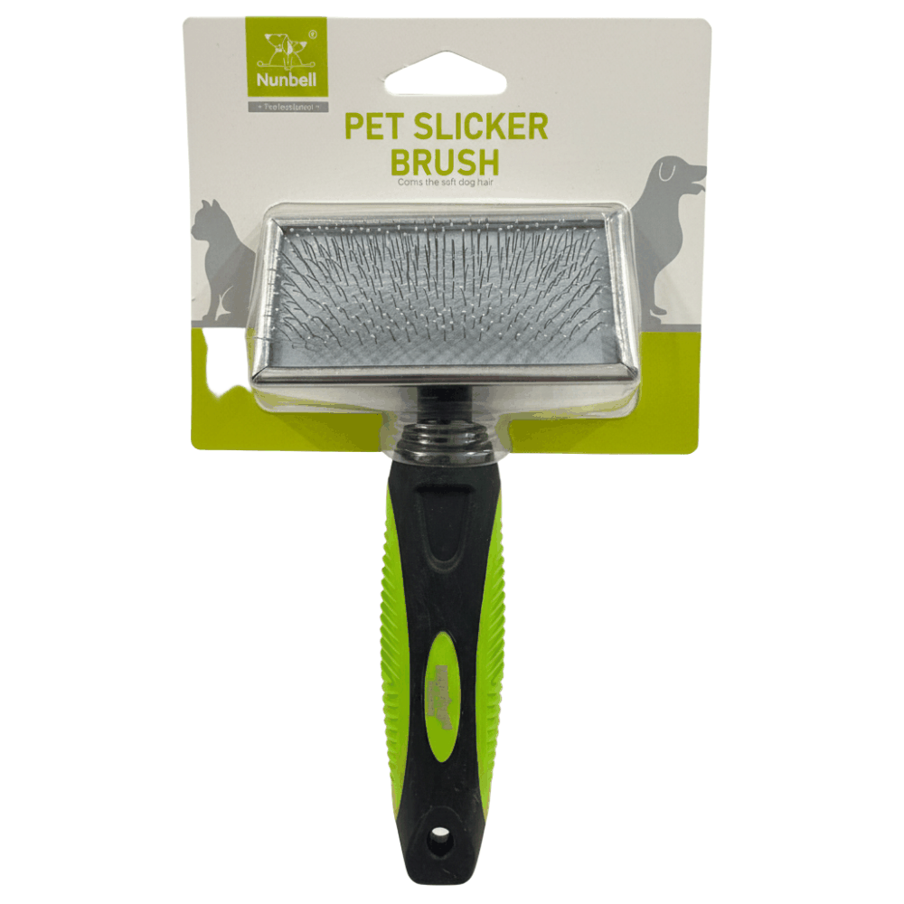 Pet slicker brush with green handle on a white background