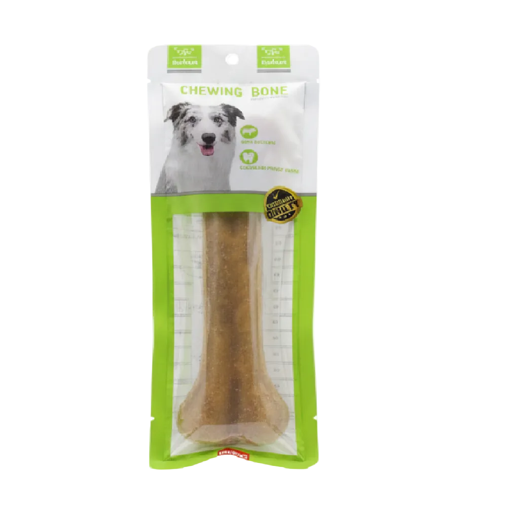 Dog chew bone in packaging with a white background