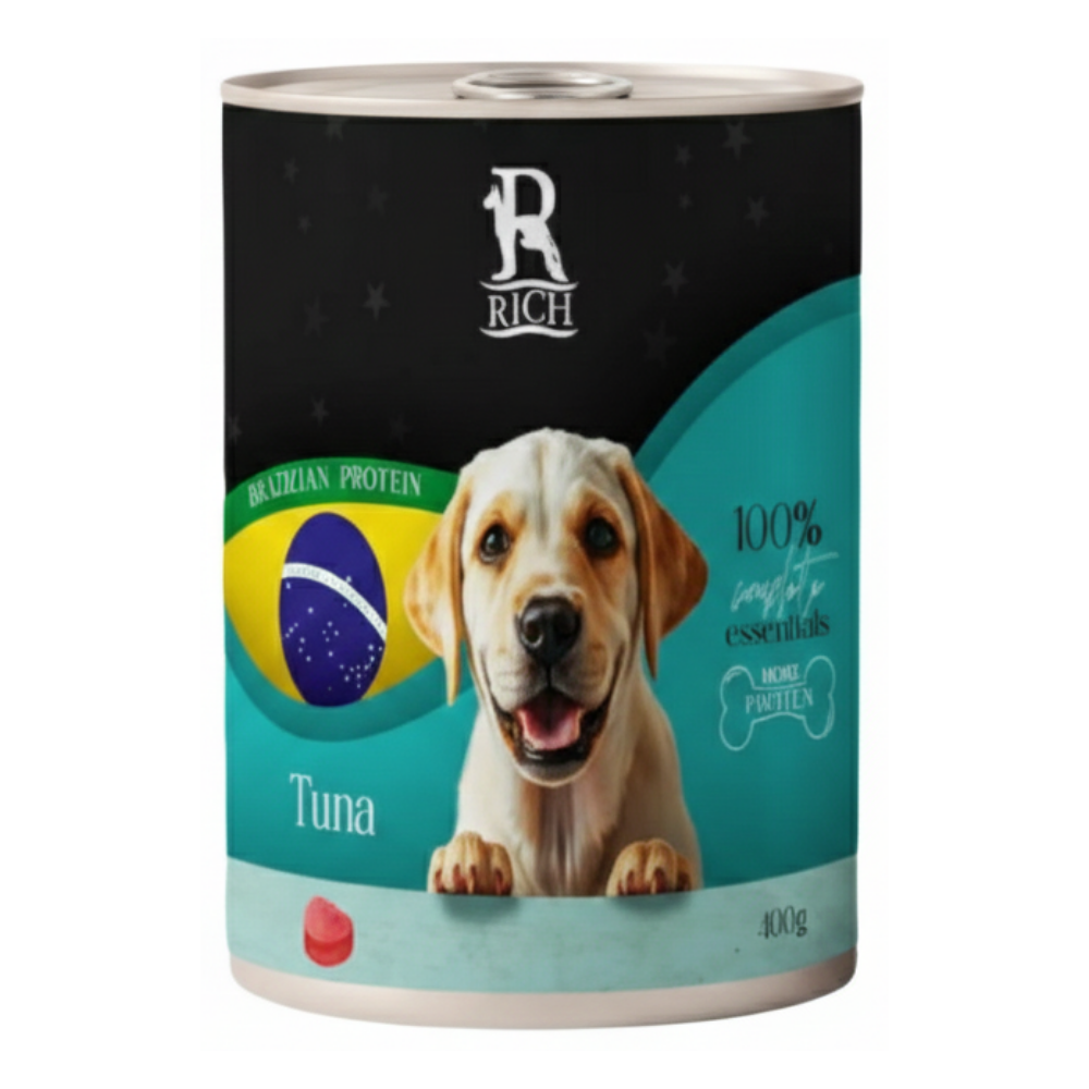 Dog food can with a label featuring a dog and text about tuna and Brazilian protein.