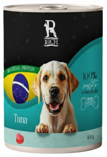 Dog food can with a label featuring a dog and text about tuna and Brazilian protein.