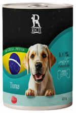 Dog food can with a label featuring a dog and text about tuna and Brazilian protein.