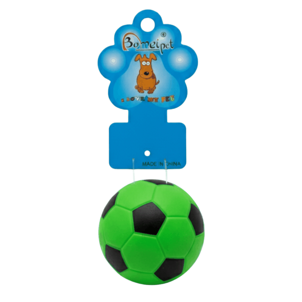 Green and black soccer ball with a blue tag on a white background