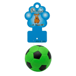Green and black soccer ball with a blue tag on a white background