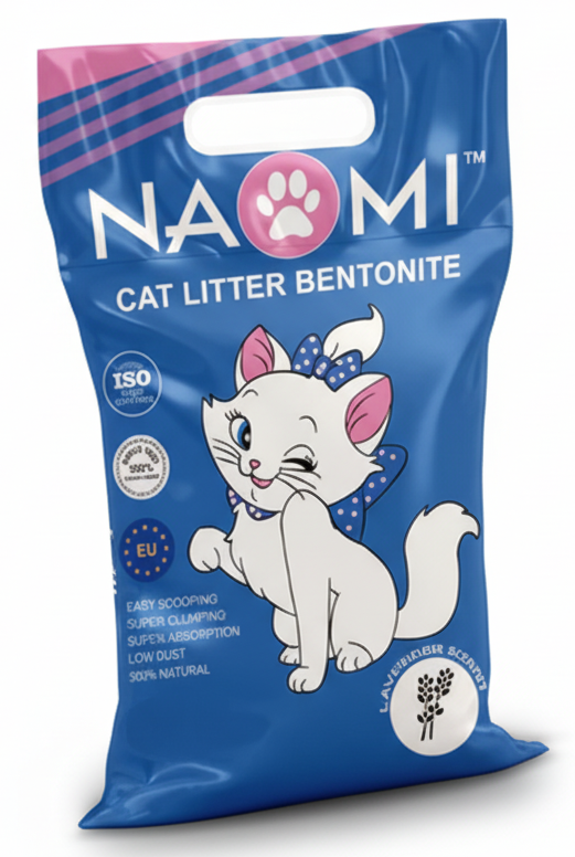 Naomi cat litter packaging with a cartoon cat on a white background