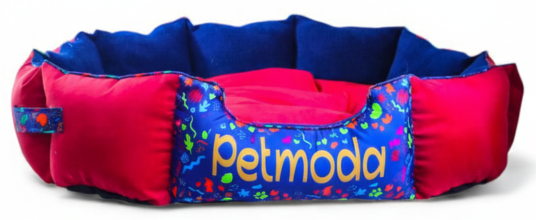 Pink and blue pet bed with 'Petmoda' branding on a white background