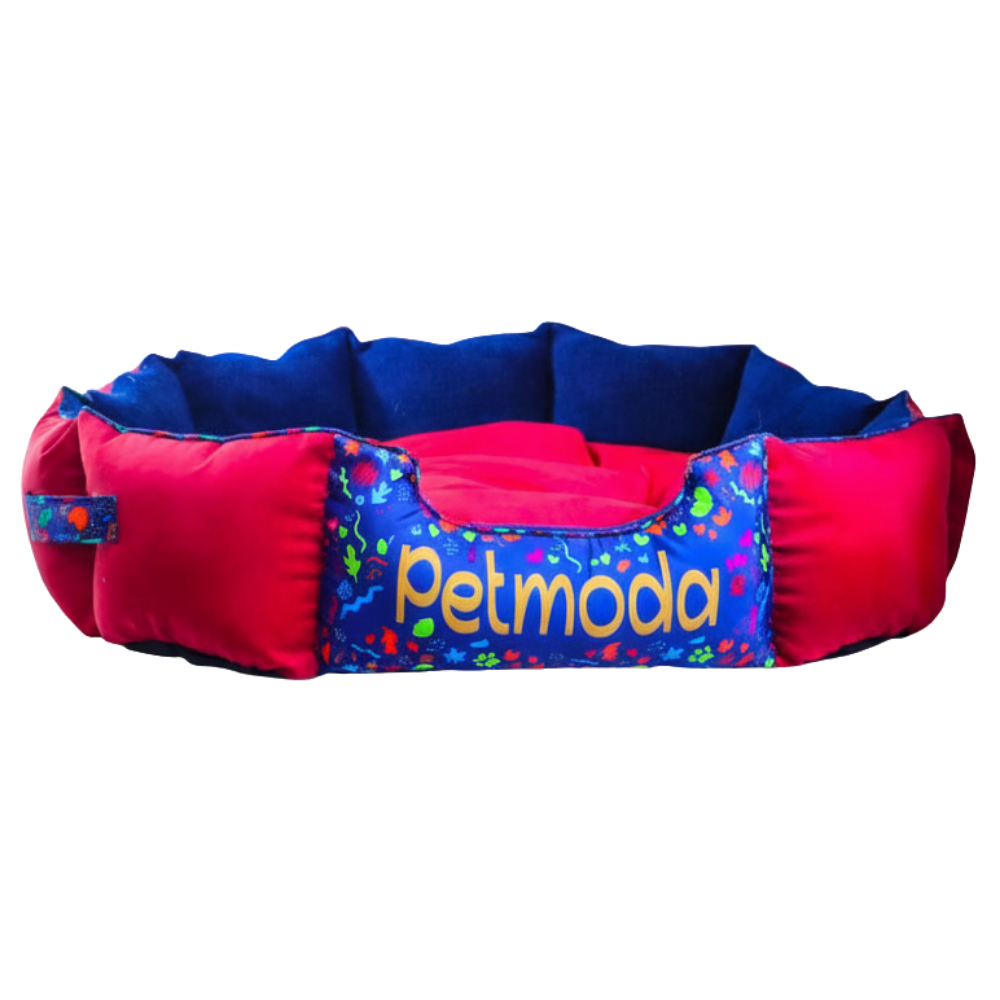 Pink and blue pet bed with 'Petmoda' branding on a white background