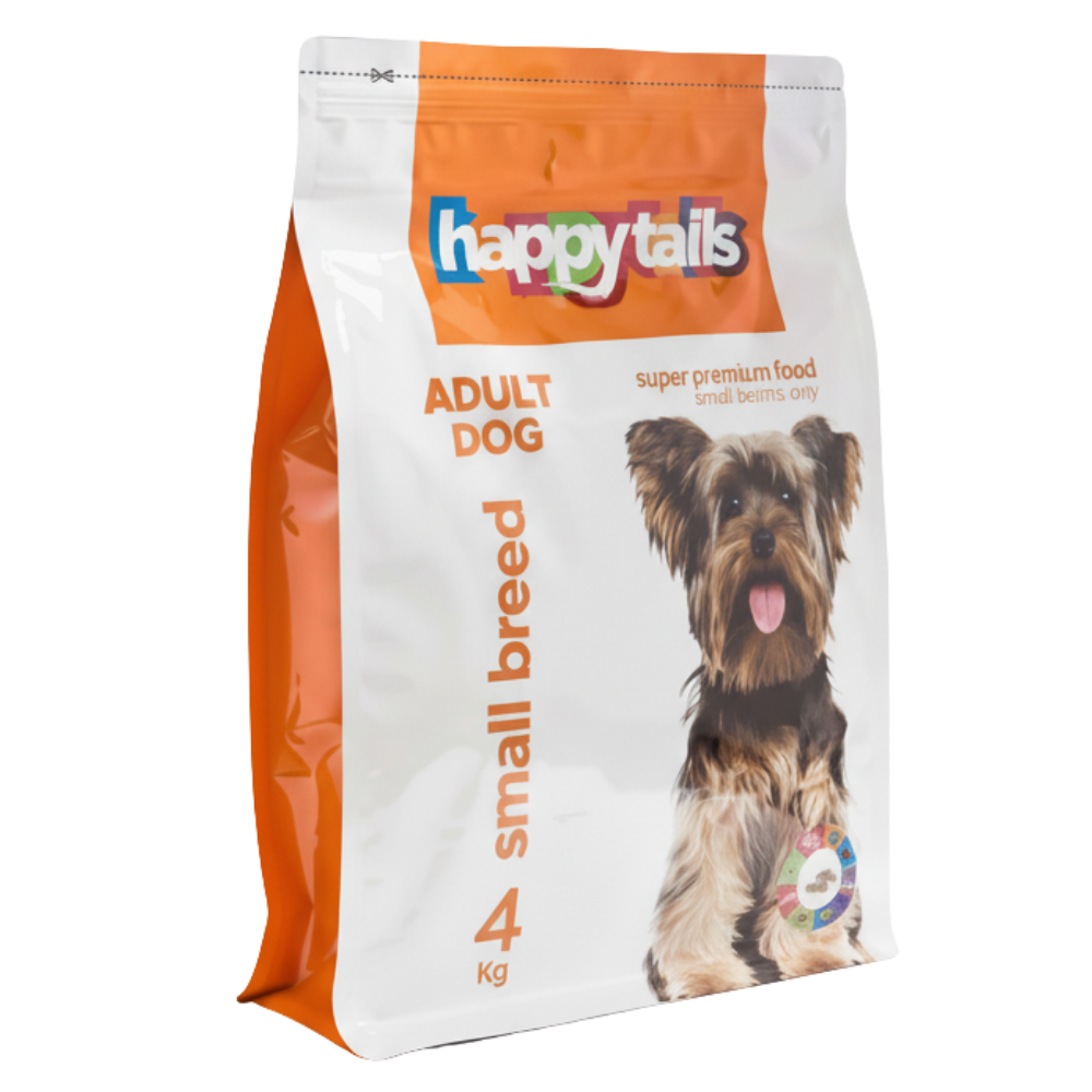 Happy Tails dog food package for adult dogs with a small breed label on a white background