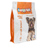 Happy Tails dog food package for adult dogs with a small breed label on a white background