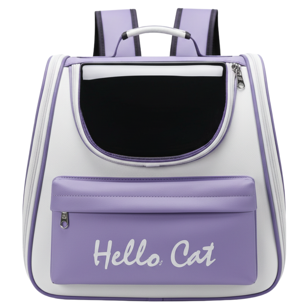Purple and white pet carrier with 'Hello Cat' text on a white background