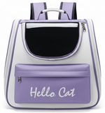 Purple and white pet carrier with 'Hello Cat' text on a white background