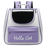 Purple and white pet carrier with 'Hello Cat' text on a white background