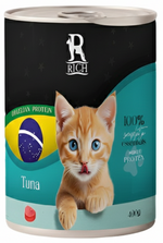 Can of cat food with a kitten illustration and 'Rich' brand logo on a black and teal background.