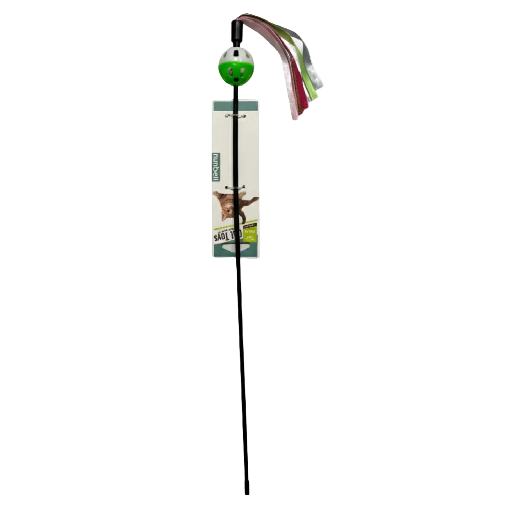 Cat toy with a hanging ball and wand on a white background