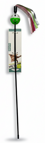 Cat toy with a hanging ball and wand on a white background