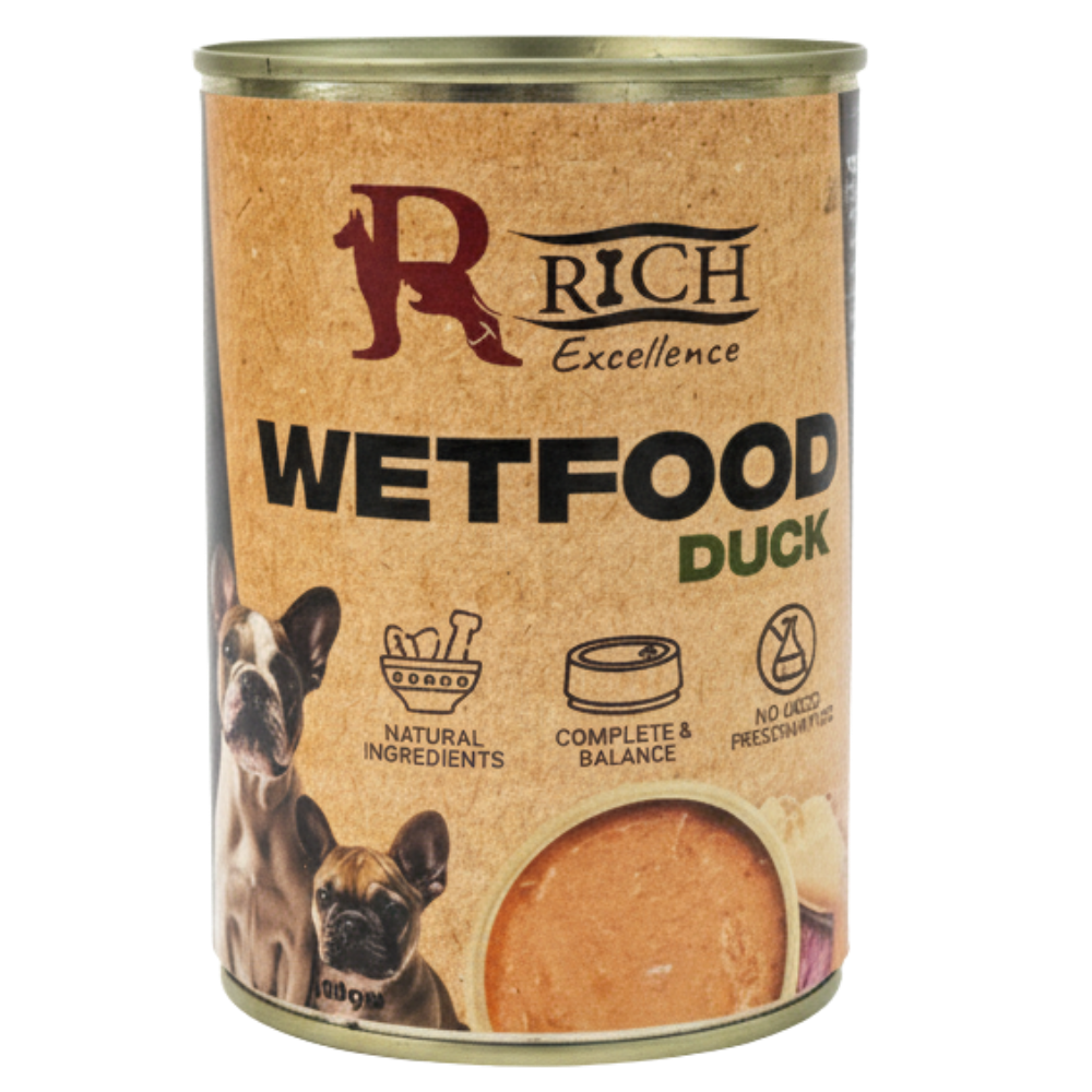 Can of Rich Excellence Wetfood Duck on a white background