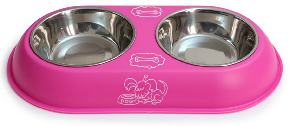 Pink pet feeder with two stainless steel bowls on a white background