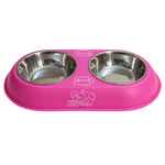 Pink pet feeder with two stainless steel bowls on a white background