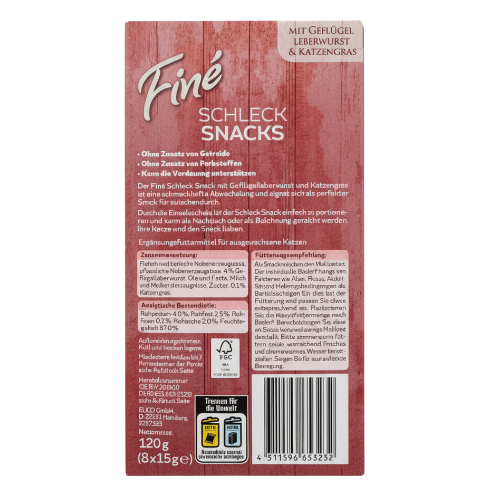 Back of a packaging for Finé Schleck Snacks with text and barcode on a red background