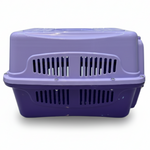 Purple pet carrier with a white background
