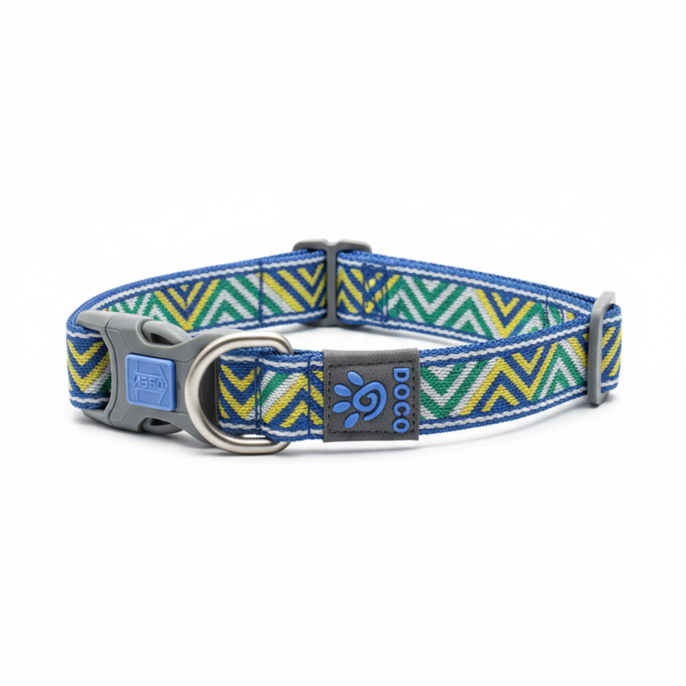 Dog collar with blue and green zigzag pattern on a white background