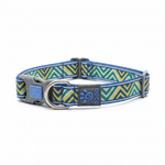 Dog collar with blue and green zigzag pattern on a white background