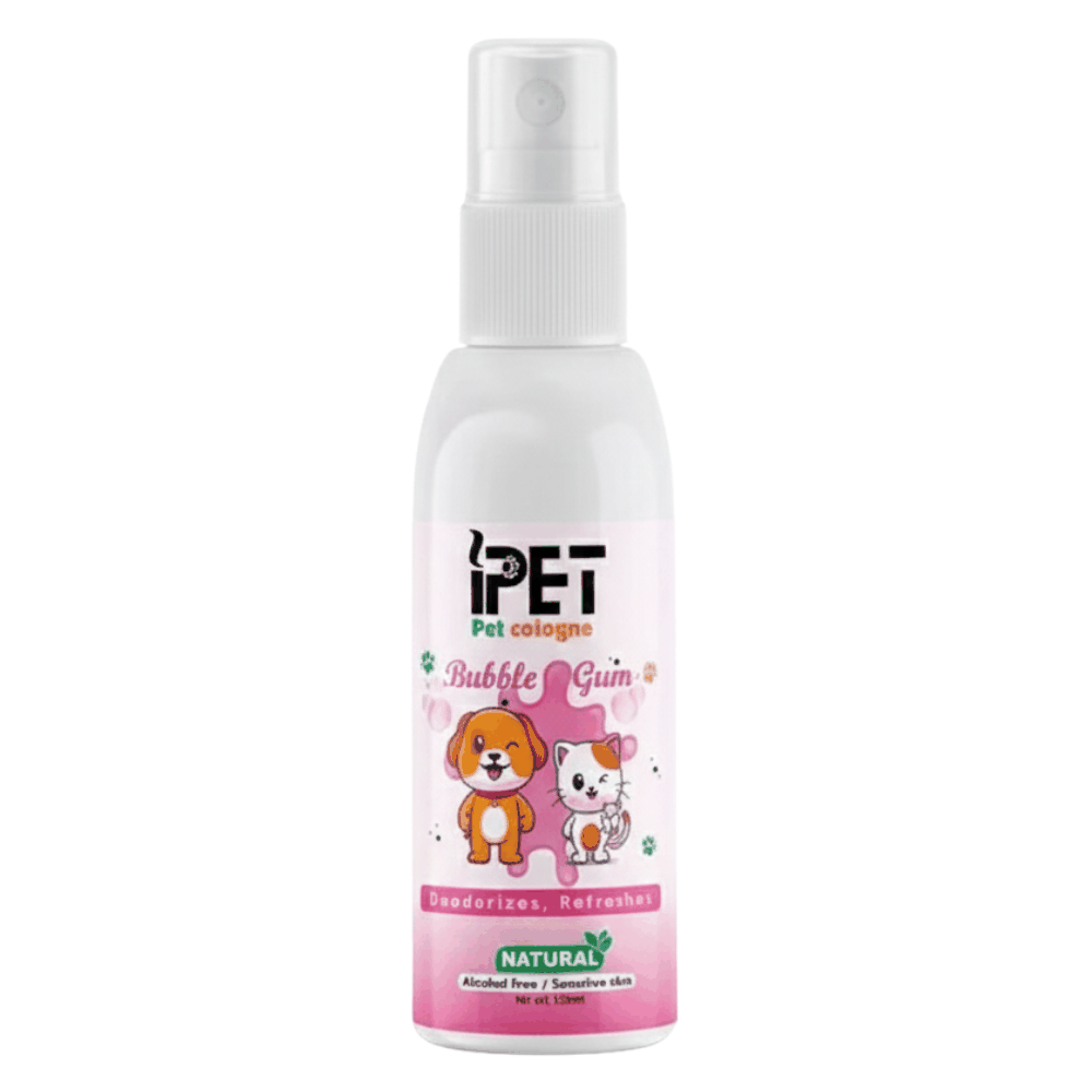 iPet pet cologne bottle with cartoon characters on a white background