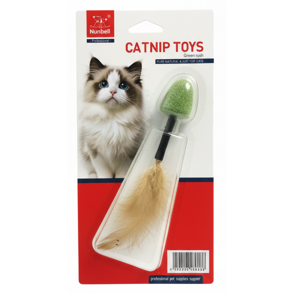 Catnip toy with feather and green ball on packaging featuring a cat.
