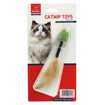 Catnip toy with feather and green ball on packaging featuring a cat.