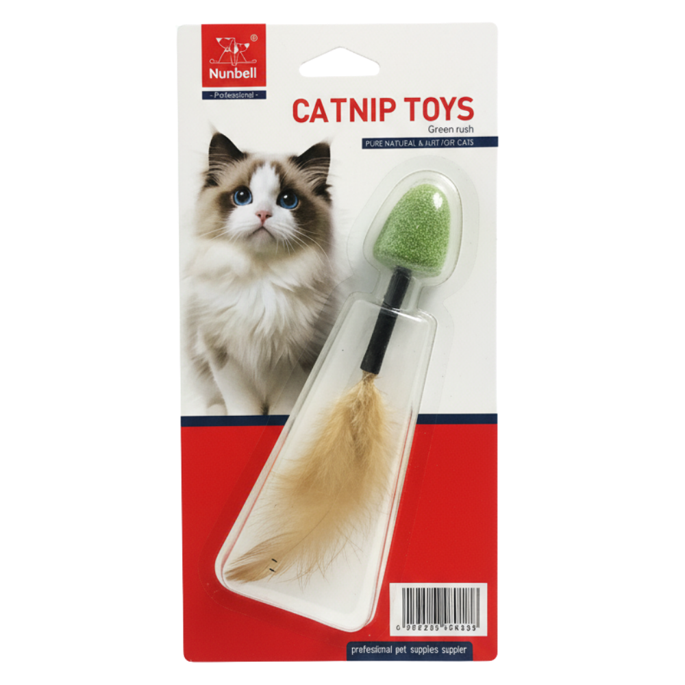 Catnip toy with feather and green ball on packaging featuring a cat.