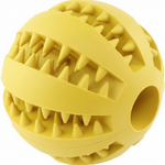 Yellow rubber ball with textured surface and hole on a white background