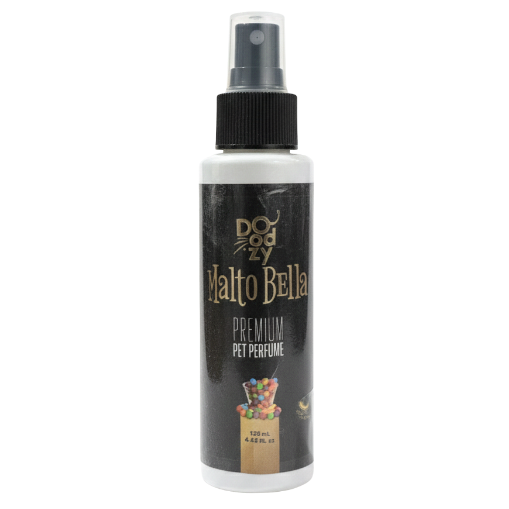 Malto Bella pet perfume bottle with black spray nozzle on a white background
