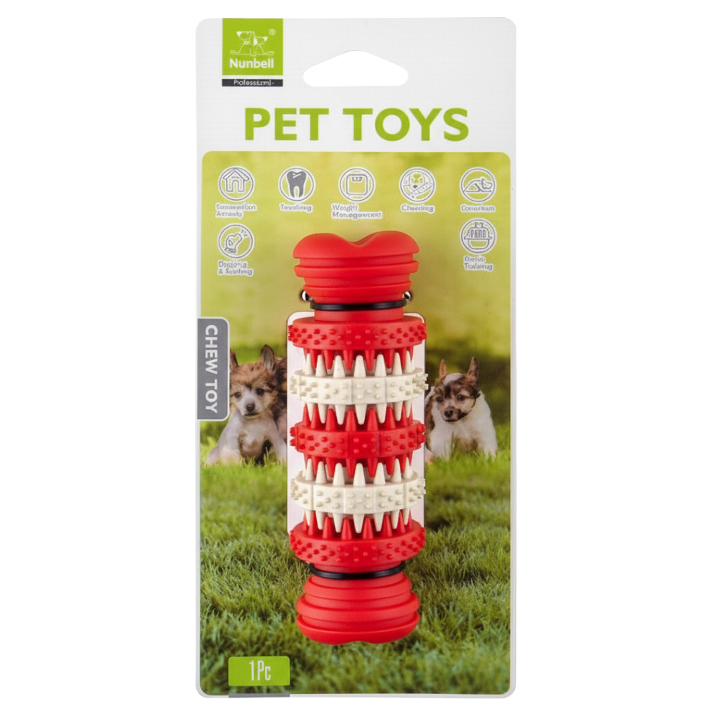 Dog chew toy with red and beige design on a green grass background, featuring the brand 'Nubbell'.