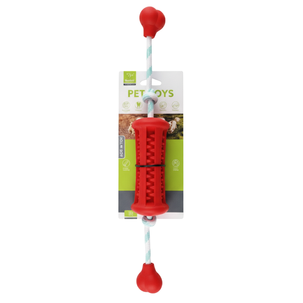 Red pet toy with a handle on a white background