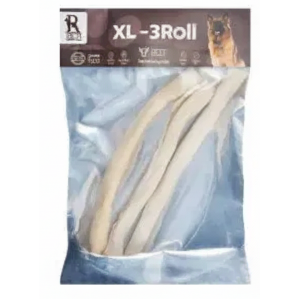 Packaged dog chew product labeled 'XL-3Roll' with a blue background