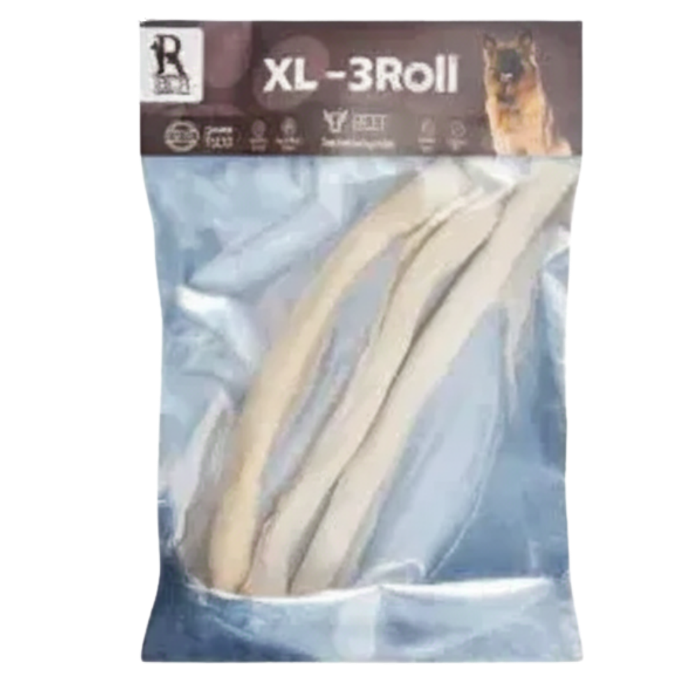 Packaged dog chew product labeled 'XL-3Roll' with a blue background