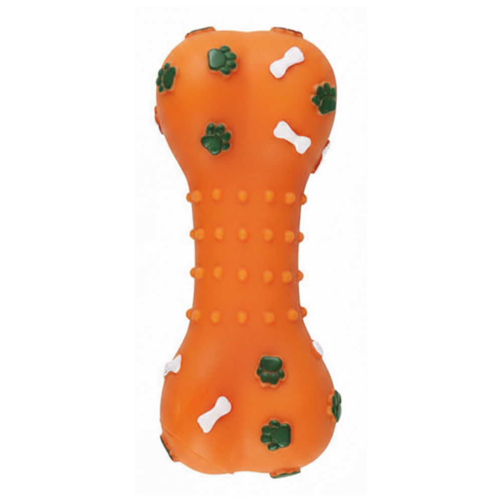 Orange dog toy shaped like a carrot with green spots on a white background