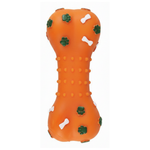 Orange dog toy shaped like a carrot with green spots on a white background