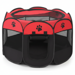Red and black pet playpen with paw prints on a white background