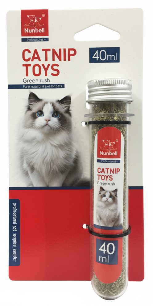 Catnip toy packaging with a cat on the label and a red background