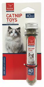 Catnip toy packaging with a cat on the label and a red background