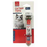 Catnip toy packaging with a cat on the label and a red background